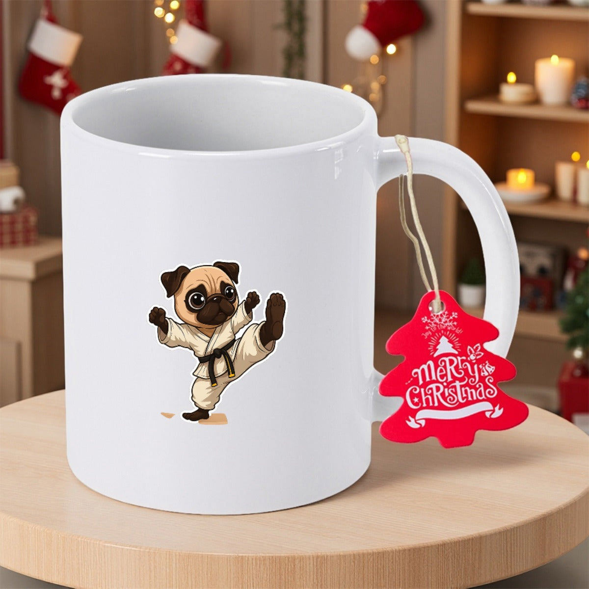 Tailorly White Ceramic 11 oz Mug - Merry Christmas Cute Martial Arts Puppy Performing High Kick In Karate Gi Pug