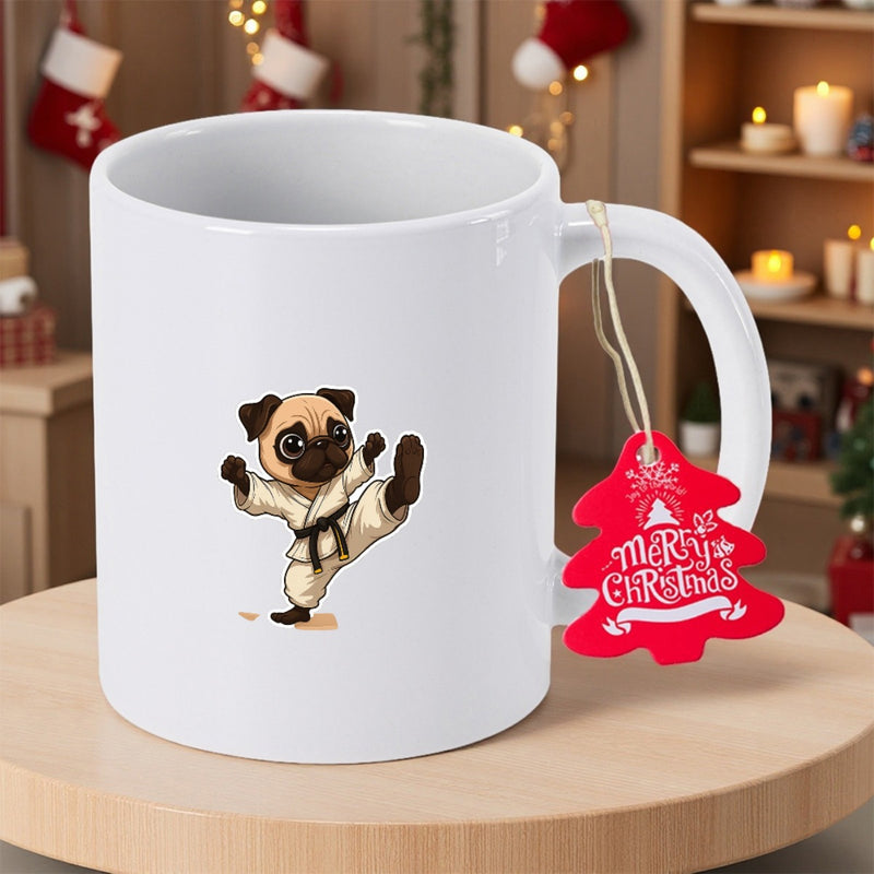 Tailorly White Ceramic 11 oz Mug - Merry Christmas Cute Martial Arts Puppy Performing High Kick In Karate Gi Pug