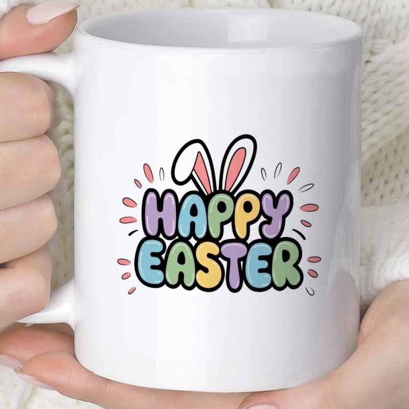 Tailorly White Ceramic 11 oz Mug - Happy Easter Bubble Letters Surrounded By Pastel Colors And Cute Bunny Ears Rabbit