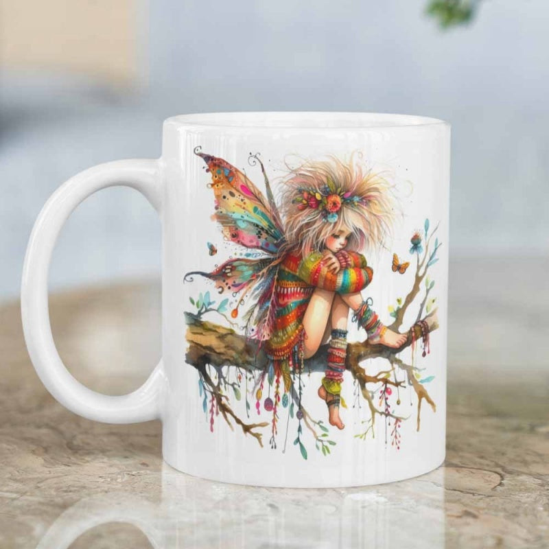 Tailorly White Ceramic 11 oz Mug - Colorful Whimsical Fairy With Vibrant Wings Resting On Forest Branch Fairy