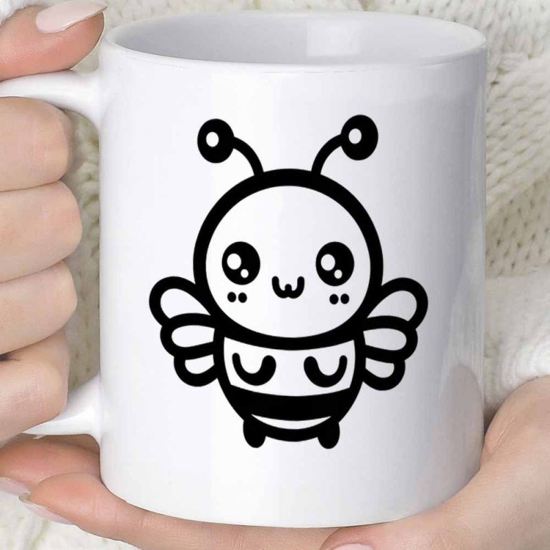 Tailorly White Ceramic 11 oz Mug - Cute Minimalist Hand Drawn Style With Small Wings And Antennae Bee