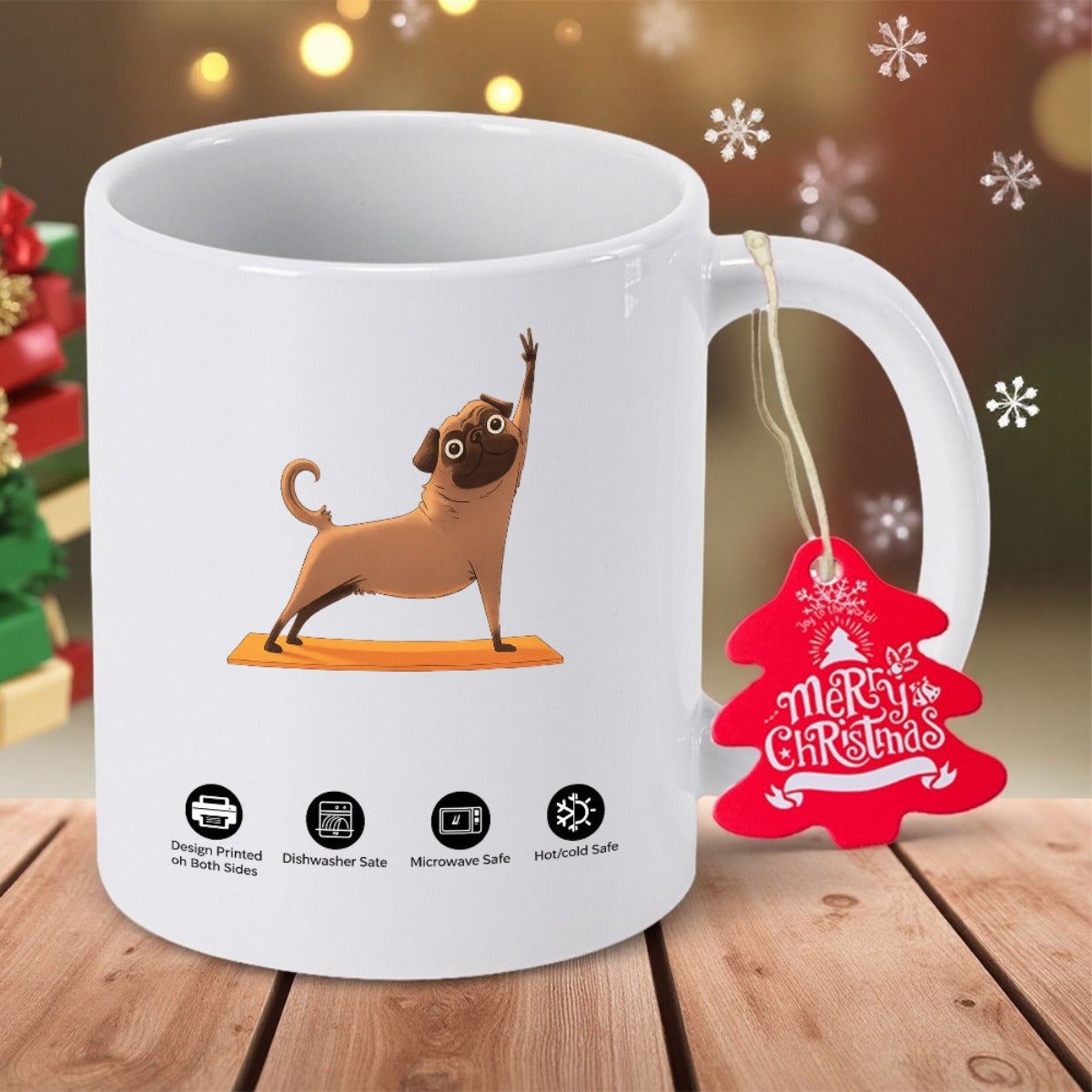 Tailorly White Ceramic 11 oz Mug - Merry Christmas Adorable Cartoon Dog Practicing Yoga Poses On An Orange Mat Pug
