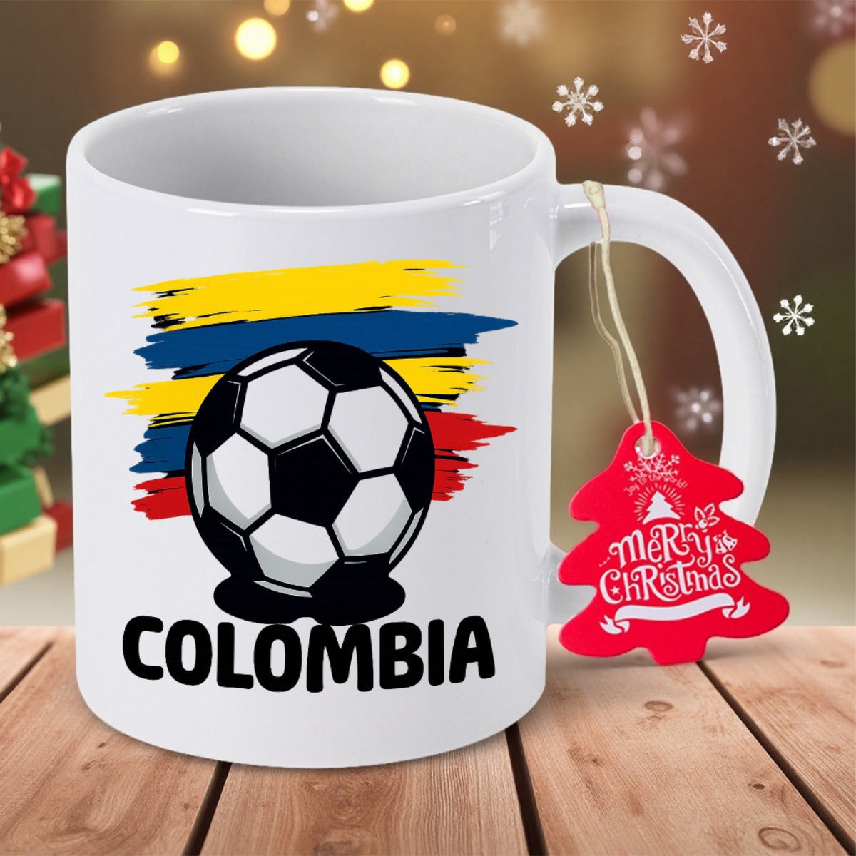 Tailorly White Ceramic 11 oz Mug - Colombia Classic Black And White Soccer Ball Over Vibrant Brushstroke National Flag Colors Ball