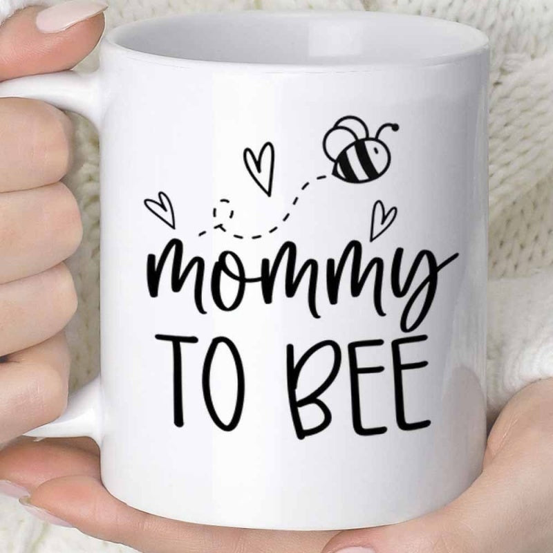 Tailorly White Ceramic 11 oz Mug - Mommy To Bee Minimalist Flying Bumblebee With Dotted Trail And Delicate Hearts Sketch Bee