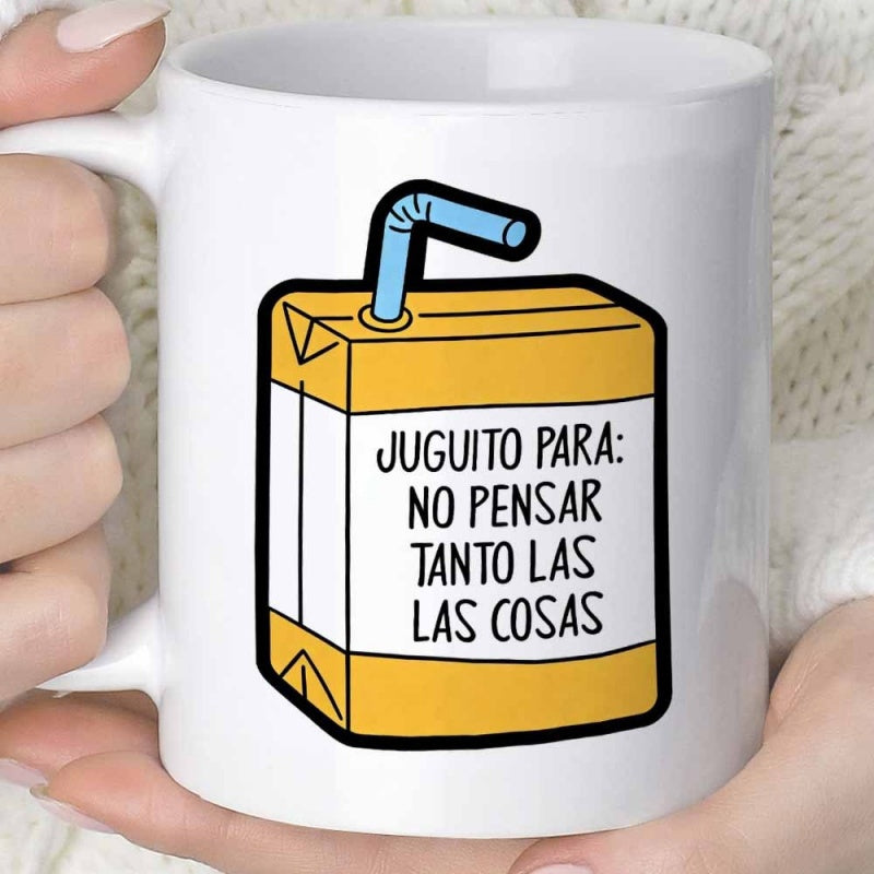 Tailorly White Ceramic 11 oz Mug - Colorful Cartoon Yellow Box With Blue Straw And Hand Drawn Text Juicebox