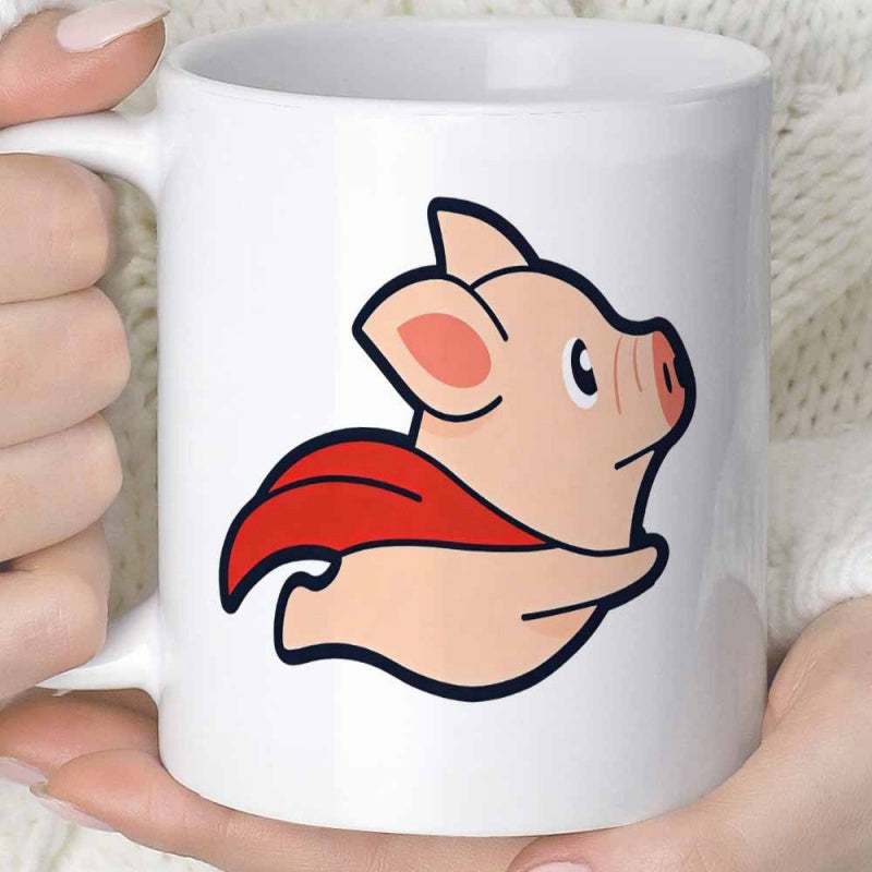 Tailorly White Ceramic 11 oz Mug - Adorable Flying Superhero Character Wearing A Vibrant Red Cape Pig