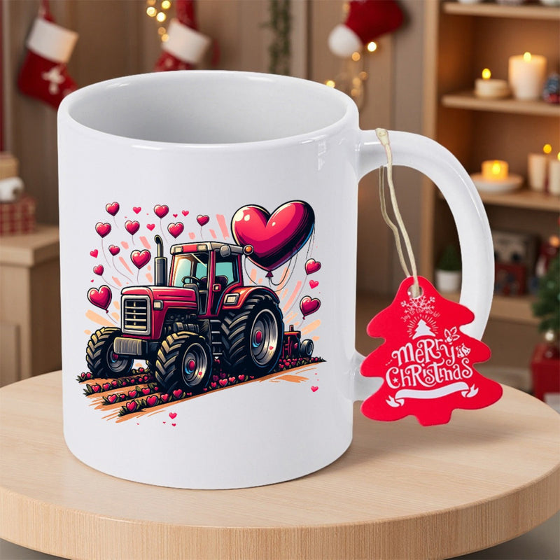 Tailorly White Ceramic 11 oz Mug - Red Vintage Rolling Through Fields With Floating Hearts And Balloons Tractor