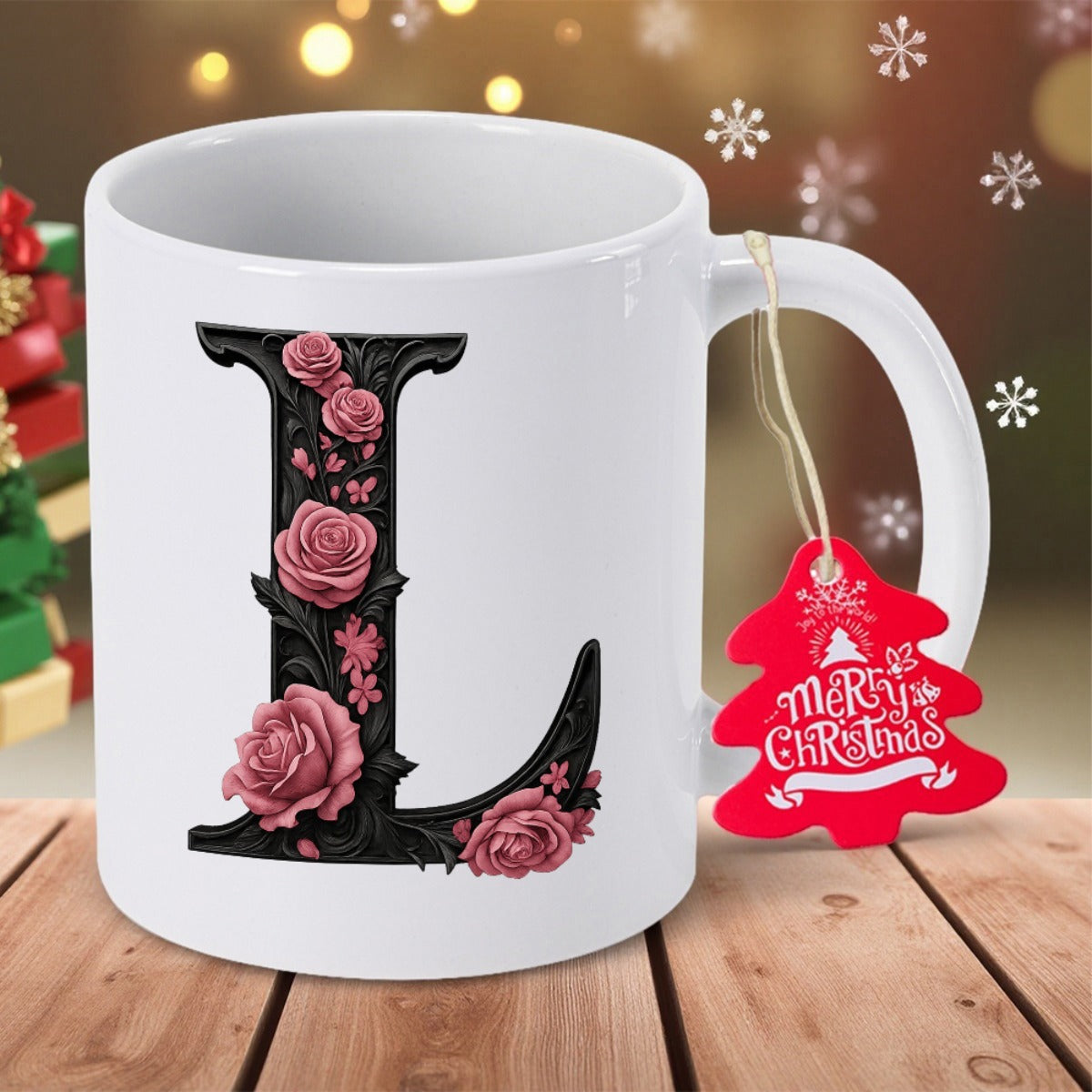 Tailorly White Ceramic 11 oz Mug - Merry Christmas L Elegant Black Serif Style Decorated With Delicate Pink Blooming Garden Flowers Letter