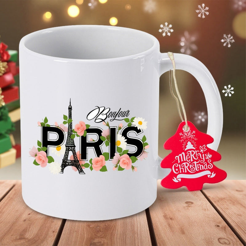 Tailorly White Ceramic 11 oz Mug - Paris Iconic Eiffel Tower Amidst Blooming Pink Roses And White Daisies Tower