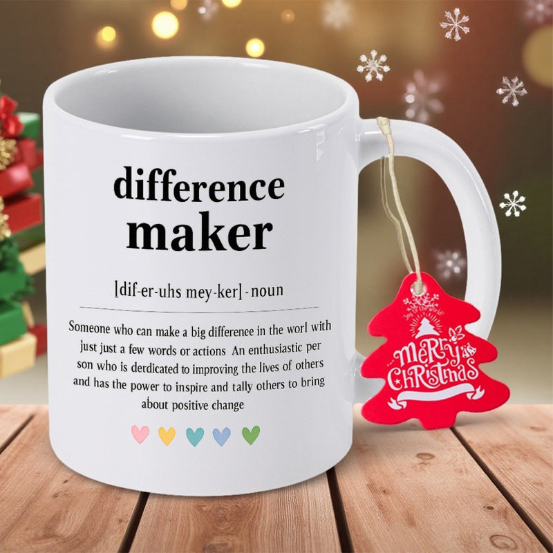 Tailorly White Ceramic 11 oz Mug - Difference Maker Minimalist White Ceramic With Five Small Colorful Hearts And Hanging Tag Mug