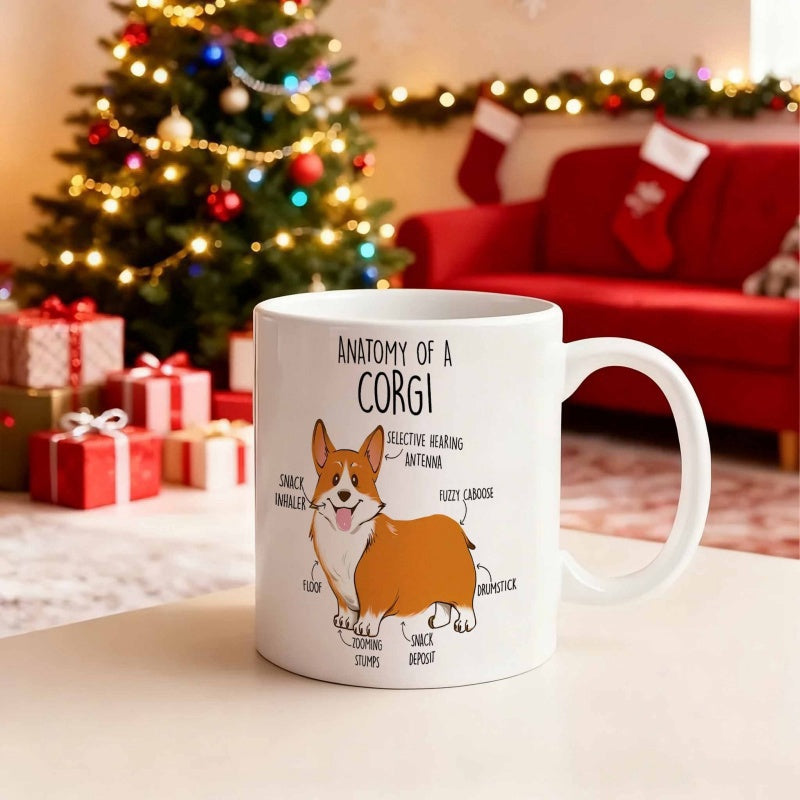 Tailorly White Ceramic 11 oz Mug - Anatomy Of A Corgi Playful Cartoon Dog Illustration With Humorous Anatomical Labels Corgi