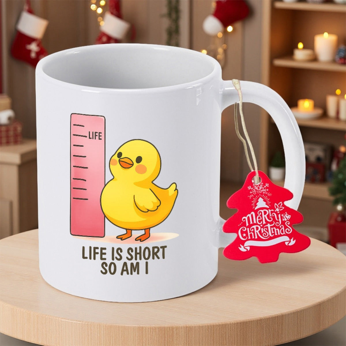 Tailorly White Ceramic 11 oz Mug - Life Is Short So Am I Adorable Small Yellow Chick Standing Beside A Pink Height Scale Chick