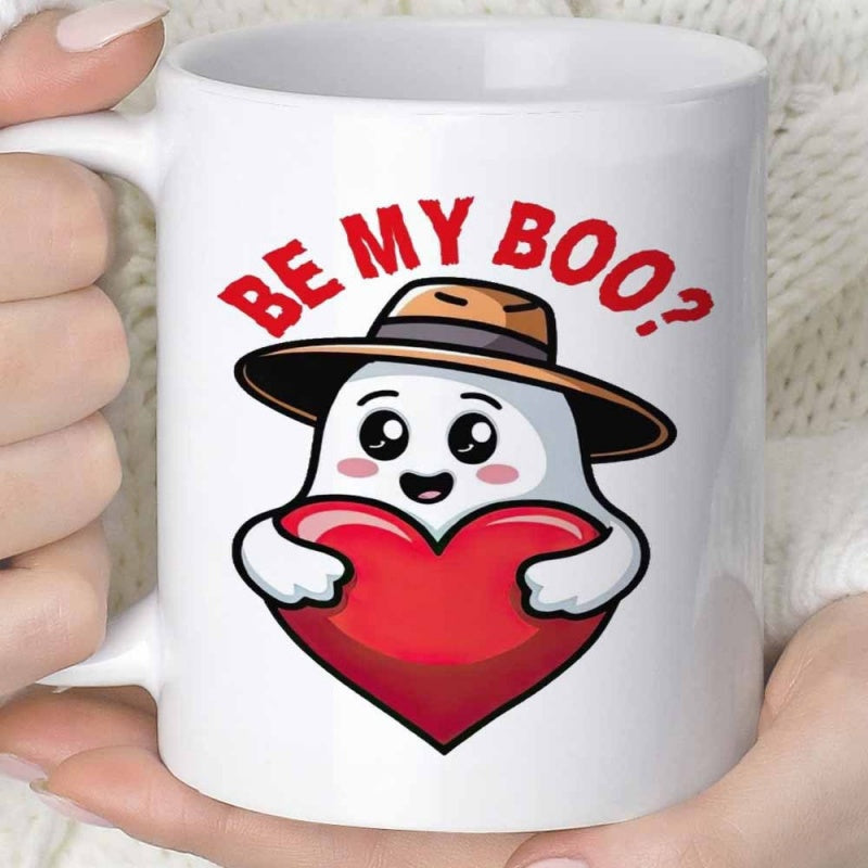 Tailorly White Ceramic 11 oz Mug - Be My Boo Cute White Cartoon Ghost Wearing Wide Brimmed Hat Holding Heart Ghost