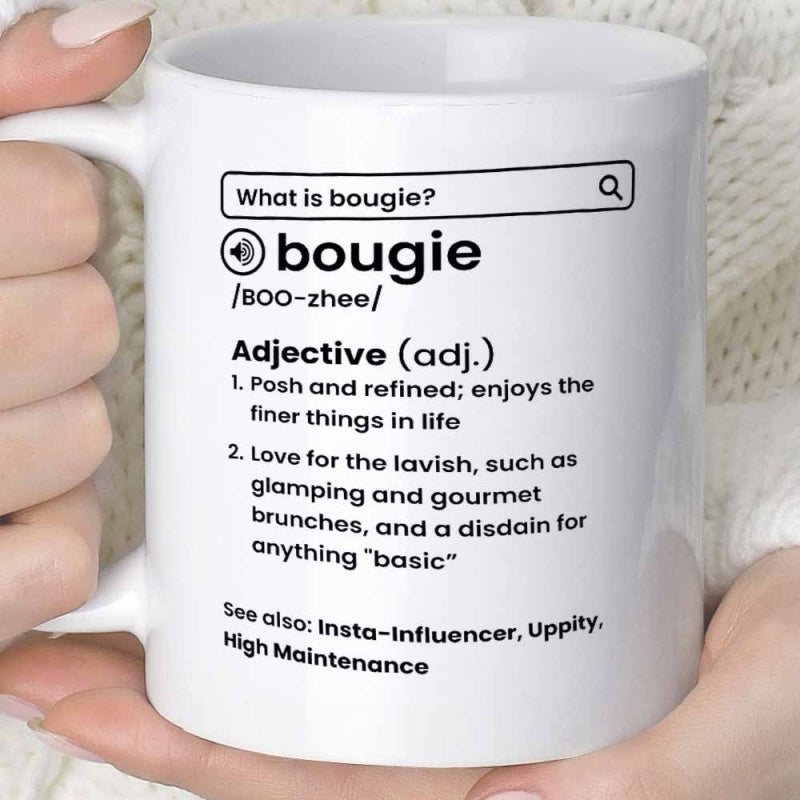 Tailorly White Ceramic 11 oz Mug - What Is Bougie Minimalist Black Text Layout Featuring A Modern Search Bar And Dictionary Inspired Mug