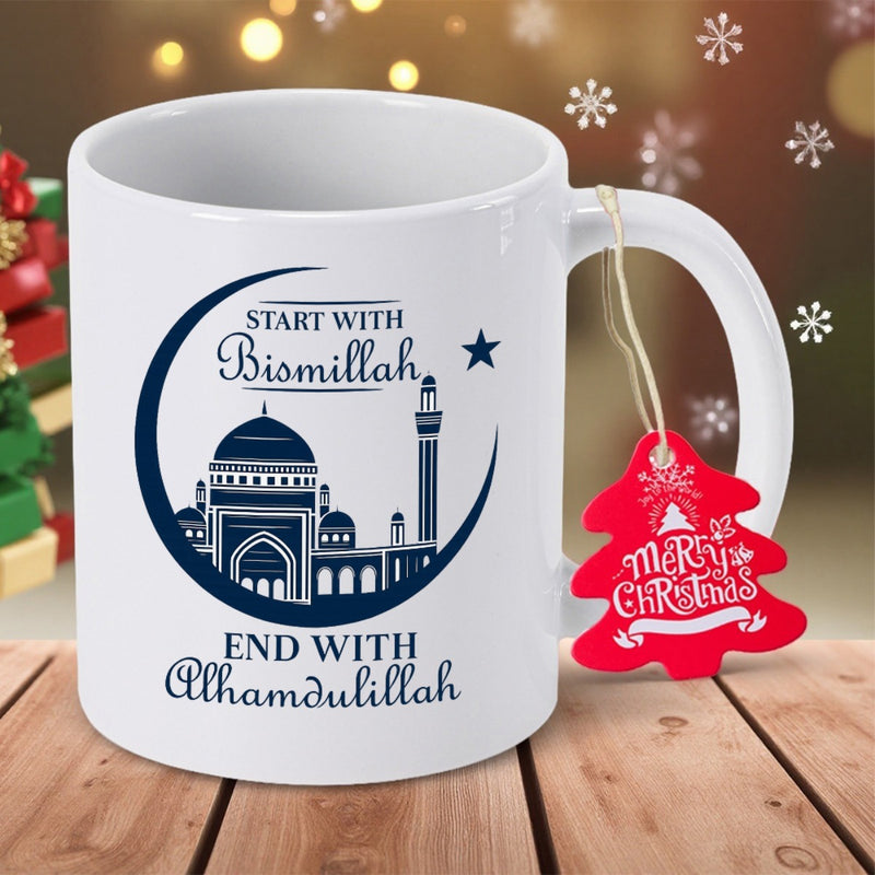 Tailorly White Ceramic 11 oz Mug - Start With Bismillah End With Alhamdulillah Traditional Silhouette Of An Islamic Mosque Within A Crescent Moon Mosque
