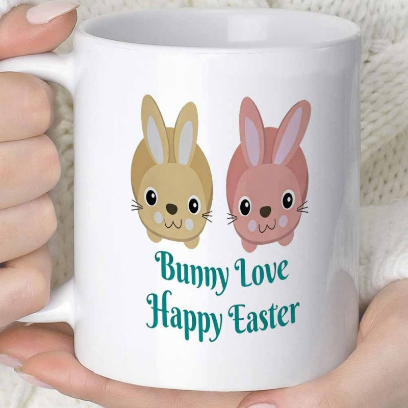 Tailorly White Ceramic 11 oz Mug - Bunny Love Happy Easter Two Adorable Round Rabbits Sitting Together In A Charming Joyful Scene Bunny