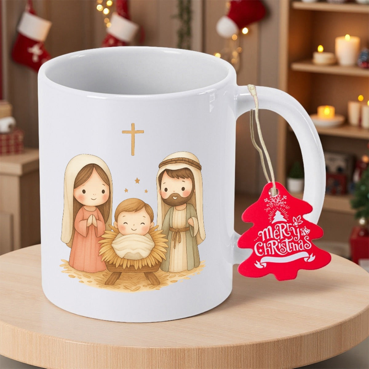 Tailorly White Ceramic 11 oz Mug - Merry Christmas Cute Cartoon Holy Family Gathering Under A Small Golden Cross Nativity