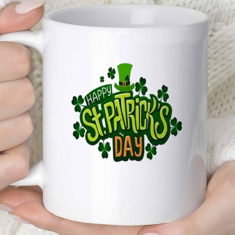 Tailorly White Ceramic 11 oz Mug - Happy St Patricks Day Festive Green Leprechaun Hat Surrounded By Lucky Four Leaf Clover