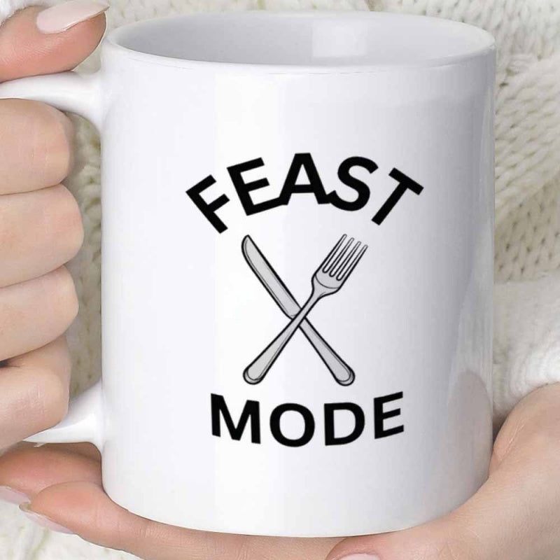 Tailorly White Ceramic 11 oz Mug - Feast Mode Simple Minimalist Crossed Kitchen Utensils Featuring Sharp Knife And Pointed Fork Cutlery