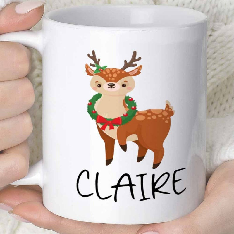 Tailorly White Ceramic 11 oz Mug - Claire Cute Brown Spotted Fawn Wearing Green Christmas Wreath And Bow Reindeer