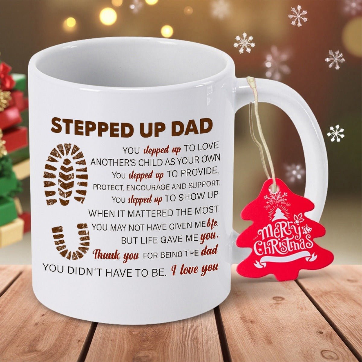 Tailorly White Ceramic 11 oz Mug - Stepped Up Dad Rustic Shoe Print On A With Hanging Festive Tag Mug