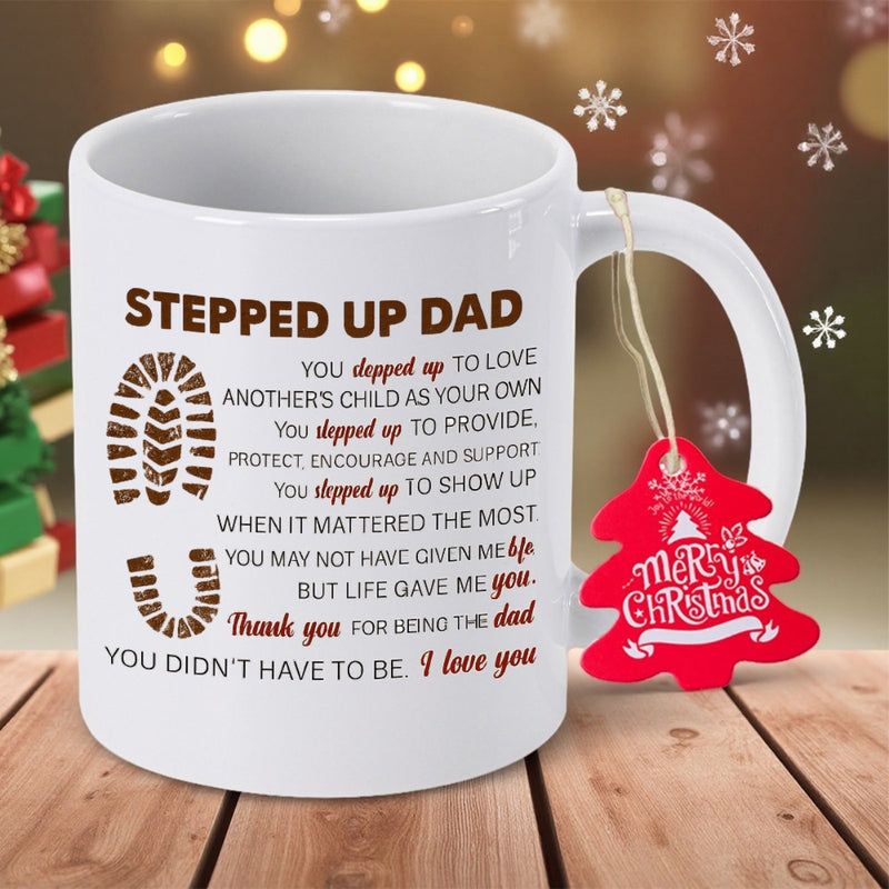 Tailorly White Ceramic 11 oz Mug - Stepped Up Dad Rustic Shoe Print On A With Hanging Festive Tag Mug