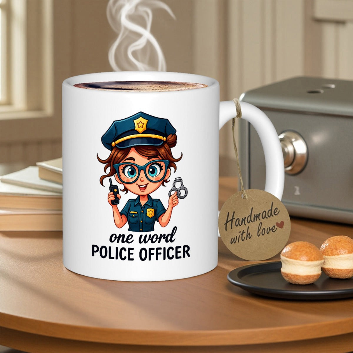 Tailorly White Ceramic 11 oz Mug - One Word Police Officer Cute Cartoon Female Cop With Glasses Holding Communication Radio Officer