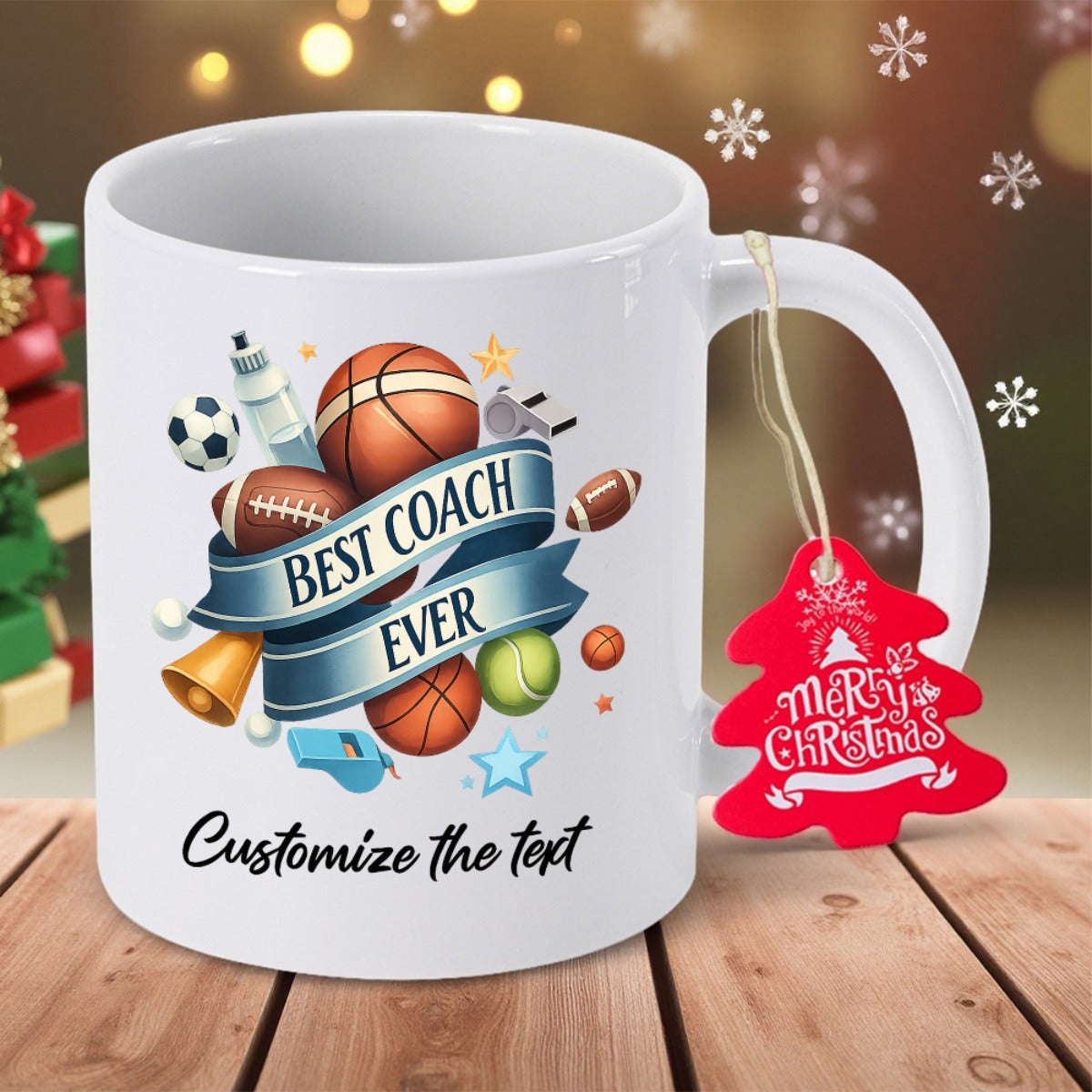 Tailorly White Ceramic 11 oz Mug - Best Coach Ever Diverse Assortment Of Sports Equipment Set Around A Central Blue Ribbon Graphic
