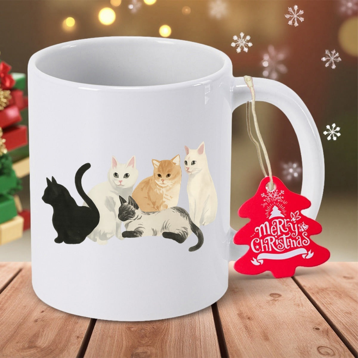 Tailorly White Ceramic 11 oz Mug - Merry Christmas Five Cute Diverse Feline Friends Sitting Together In Harmony Cats