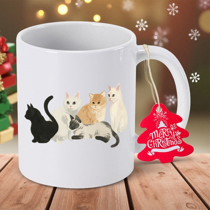 Tailorly White Ceramic 11 oz Mug - Merry Christmas Five Cute Diverse Feline Friends Sitting Together In Harmony Cats