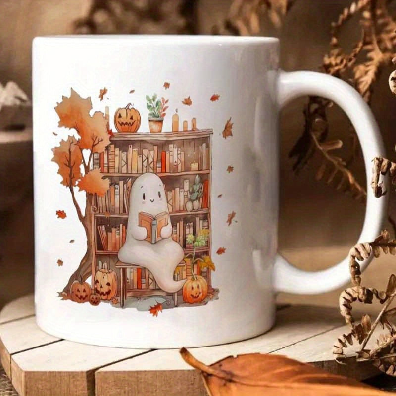 Tailorly White Ceramic 11 oz Mug - Whimsical Little Ghost Reading A Book Surrounded By Autumn Leaves Ghost
