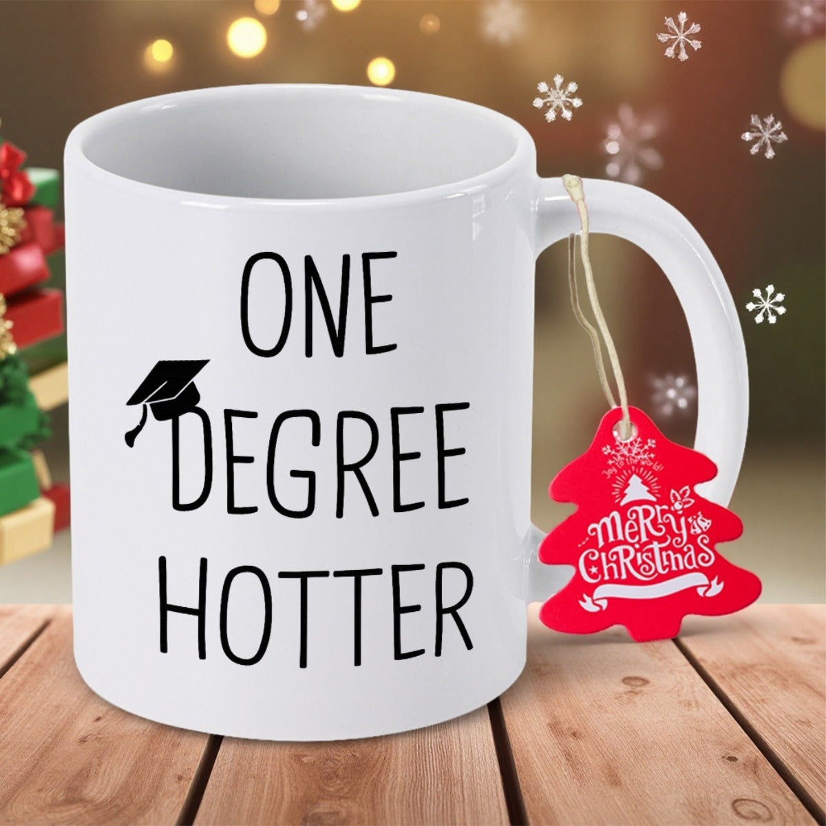 Tailorly White Ceramic 11 oz Mug - One Degree Hotter Minimalist Graduation Cap Icon Paired With Bold Clean Vertical Lettering Mug