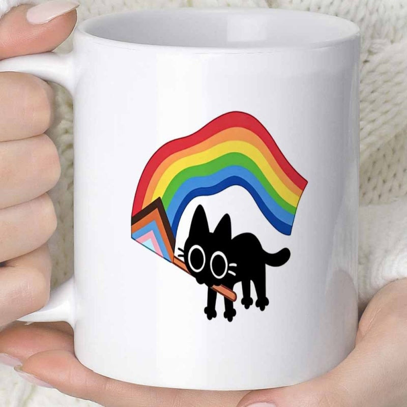 Tailorly White Ceramic 11 oz Mug - Vibrant Rainbow Progress Pride Flag Held By A Charming Black Cat