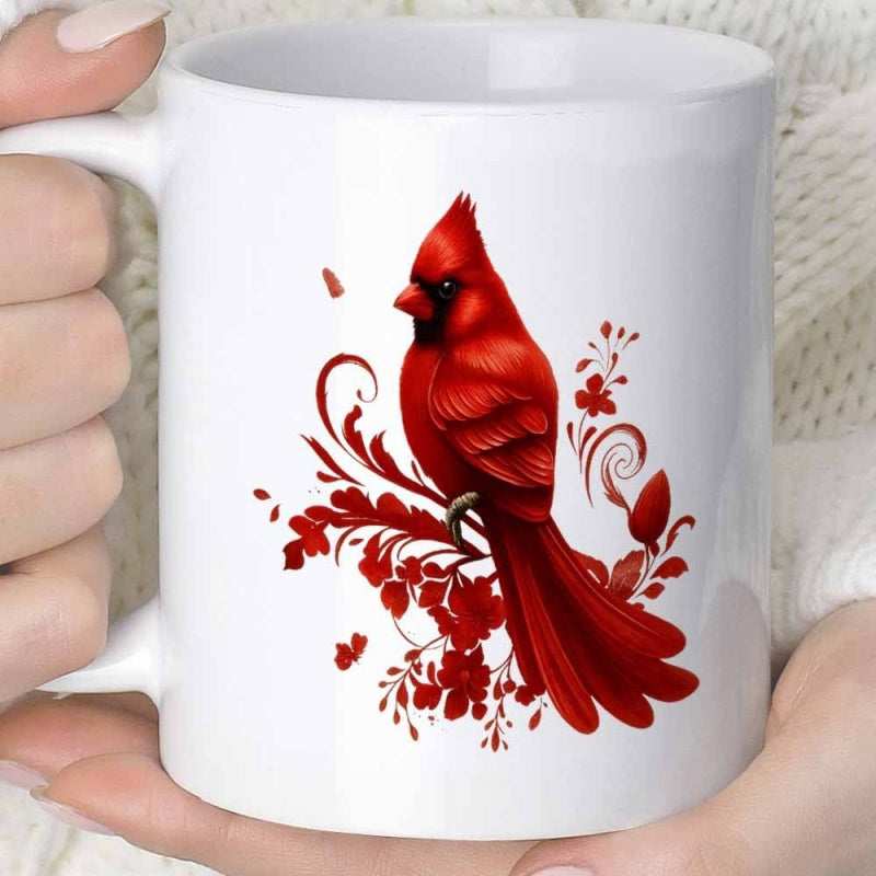 Tailorly White Ceramic 11 oz Mug - Elegant Vivid Red Bird Perched Gracefully Among Decorative Floral Filigree Cardinal