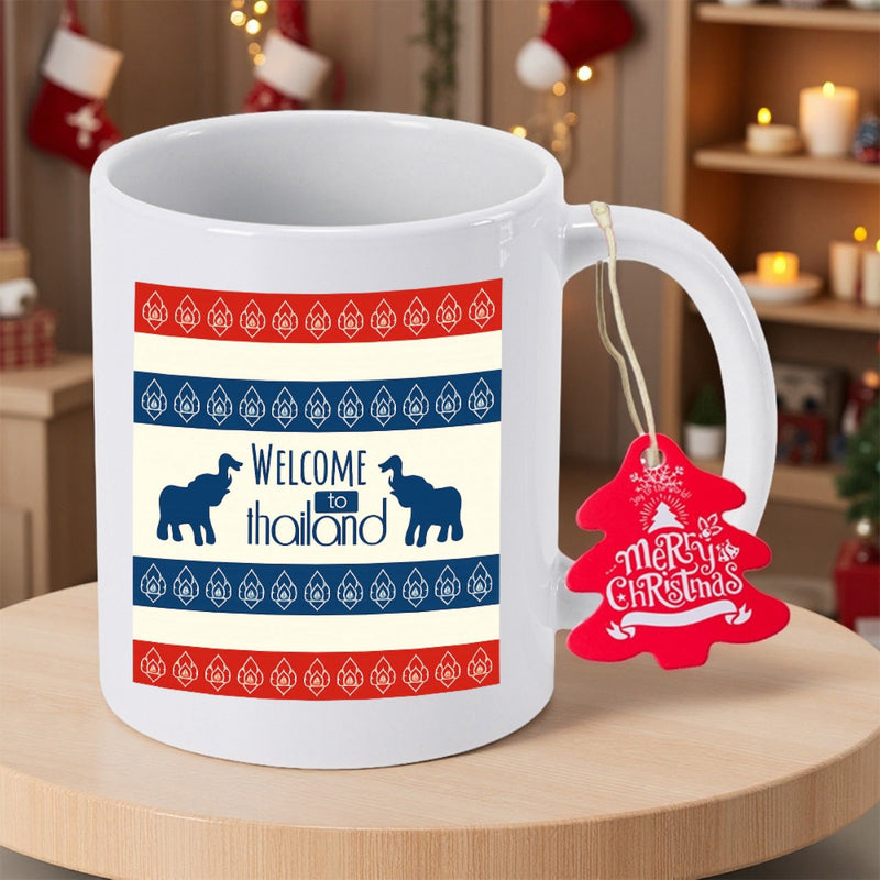 Tailorly White Ceramic 11 oz Mug - Welcome To Thailand Merry Christmas Ornate Tribal Patterns Featuring Majestic Blue Animal Silhouettes With Geometric Borders