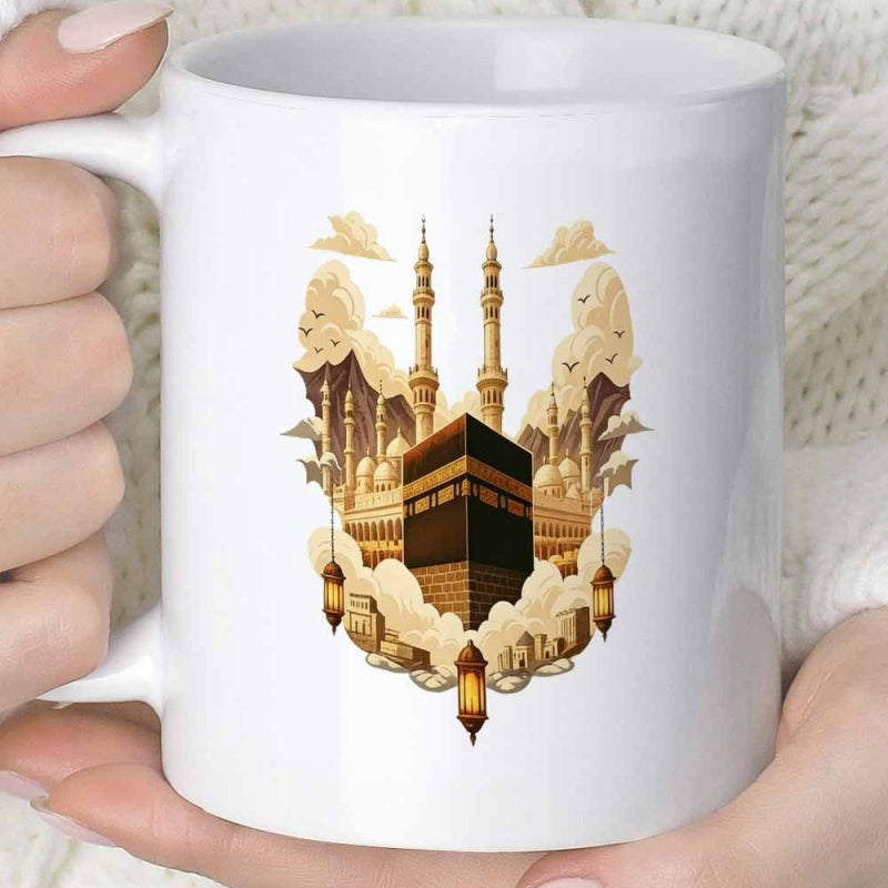 Tailorly White Ceramic 11 oz Mug - Golden Minarets And Traditional Lanterns Among Soft Clouds Kaaba