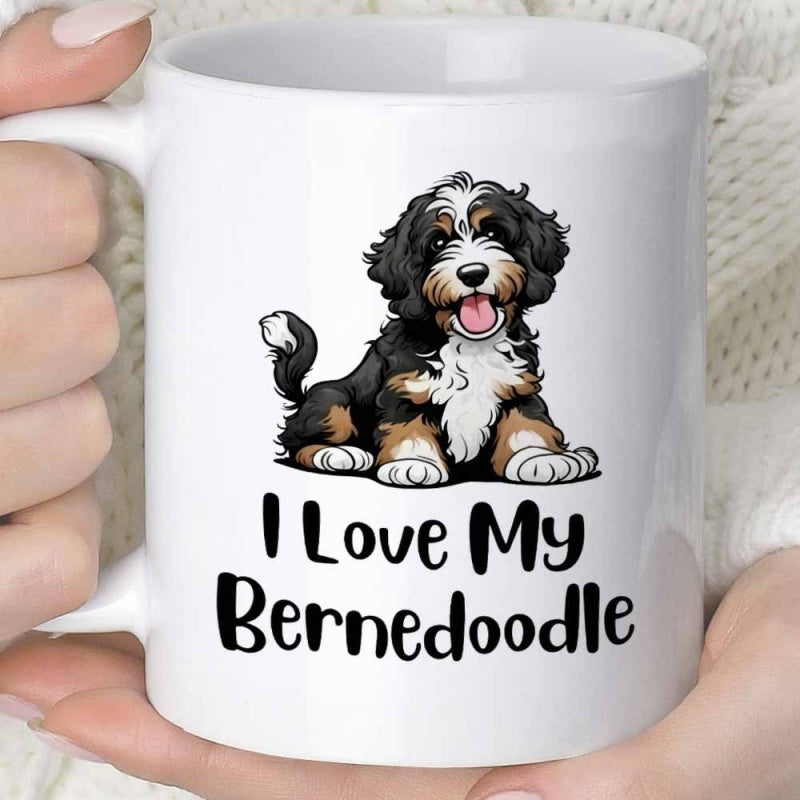 Tailorly White Ceramic 11 oz Mug - I Love My Bernedoodle Happy Playful Cartoon Dog Sitting With Fluffy Tri Color Fur Bernedoodle