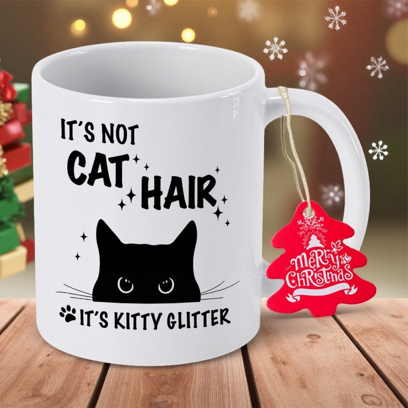 Tailorly White Ceramic 11 oz Mug - Its Not Cat Hair Its Kitty Glitter Peeking Silhouette Of A Black Cat With Curious Eyes Among Sparkling Stars Cat
