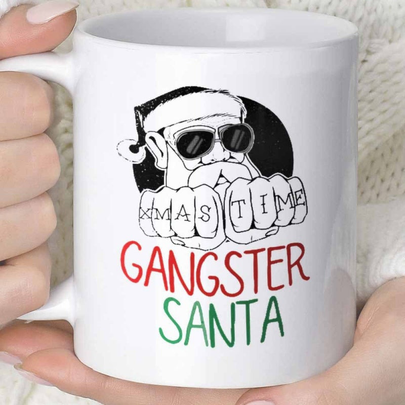 Tailorly White Ceramic 11 oz Mug - Xmas Time Gangster Santa Wearing Dark Sunglasses With Knuckle Tattoos In Festive Style Santa