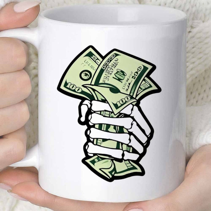 Tailorly White Ceramic 11 oz Mug - Artistic Bony Fingers Clutching A Stack Of Green Paper Money Skeleton Hand