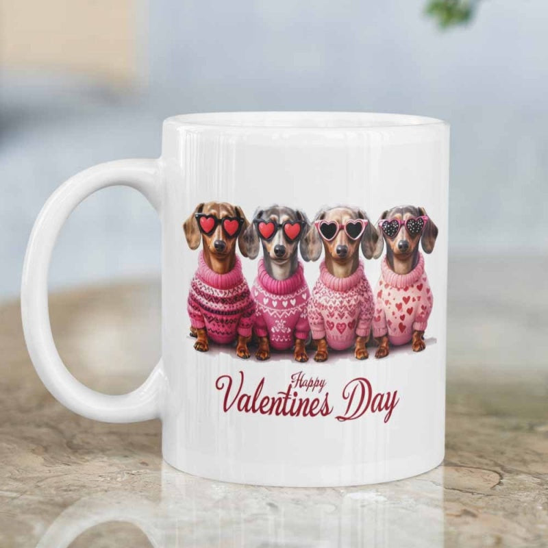 Tailorly White Ceramic 11 oz Mug - Happy Valentines Day Four Adorable Little Dogs Wearing Festive Sweaters And Heart Shaped Sunglasses Dachshund