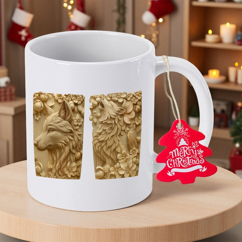 Tailorly White Ceramic 11 oz Mug - Carved Wooden Texture With Elegant Floral Details And Majestic Howling Wild Wolf