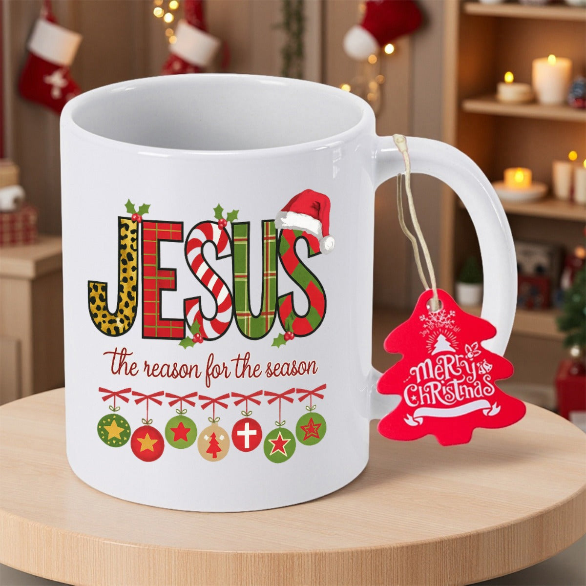 Tailorly White Ceramic 11 oz Mug - Jesus The Reason For The Season Festive Holiday Patterns Featuring Plaid Leopard Print And Hanging Decorative Ornaments Jesus