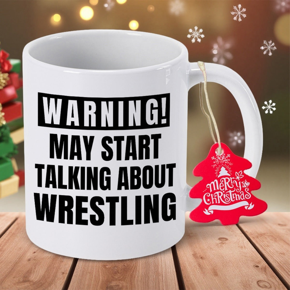 Tailorly White Ceramic 11 oz Mug - Warning May Start Talking About Wrestling Bold Black Typography Printed On A Classic
