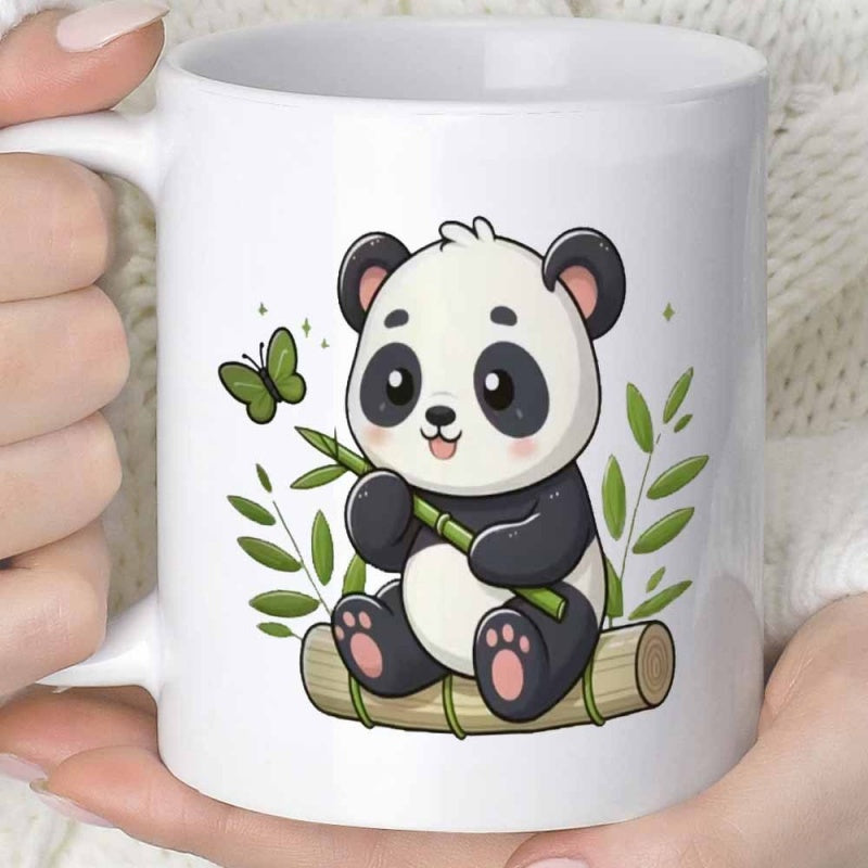 Tailorly White Ceramic 11 oz Mug - Adorable Cartoon Animal Sitting On Bamboo Log Among Green Leaves Butterfly Panda