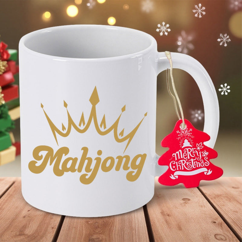 Tailorly White Ceramic 11 oz Mug - Mahjong Elegant Golden Crown Icon Featuring Sharp Points Over Retro Script Style Crown