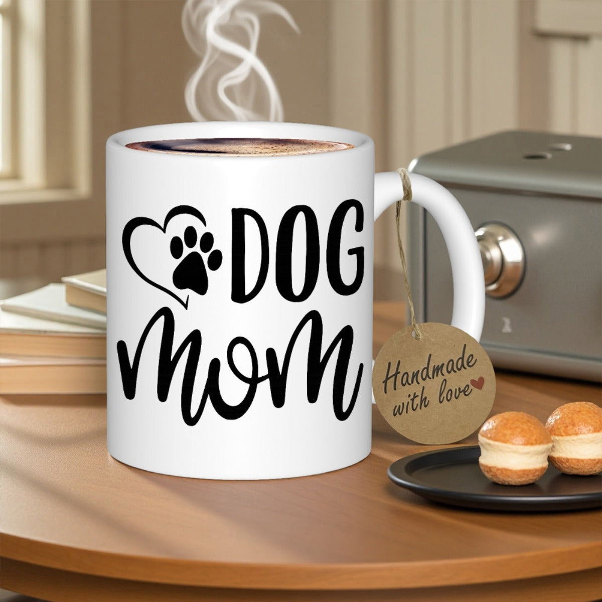 Tailorly White Ceramic 11 oz Mug - Dog Mom Stylized Black Heart Outline Featuring A Delicate Dog Paw