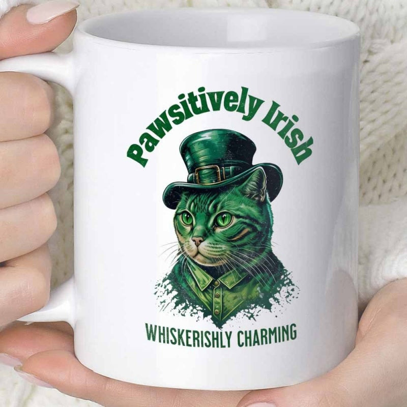 Tailorly White Ceramic 11 oz Mug - Pawsitively Irish Whiskerishly Charming Majestic Green Feline Dressed In Festive Leprechaun Hat For Luck Cat