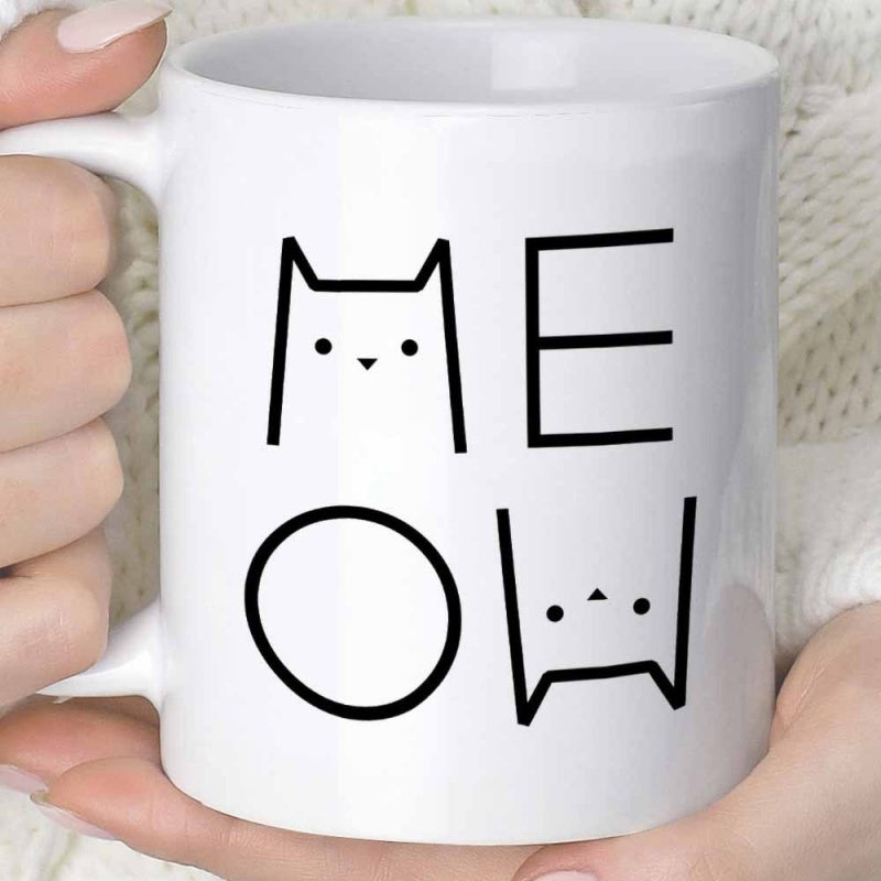 Tailorly White Ceramic 11 oz Mug - Meow Minimalist Geometric Line Art Letters Featuring Cute Small Cat Faces Mug
