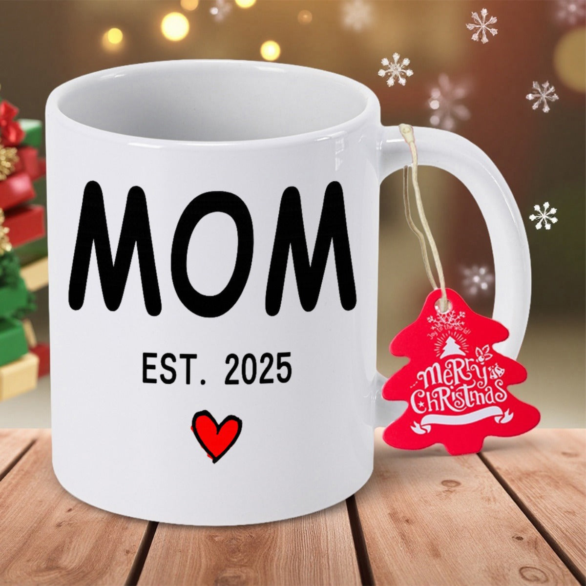 Tailorly White Ceramic 11 oz Mug - Mom Est 2025 Minimalist White Ceramic Vessel With Black Text And Small Red Heart Mug